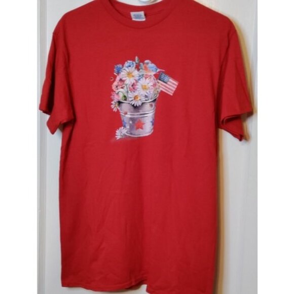 Womens T-Shirt Medium Patriotic Flowers Red White Blue Stars - Picture 1 of 10